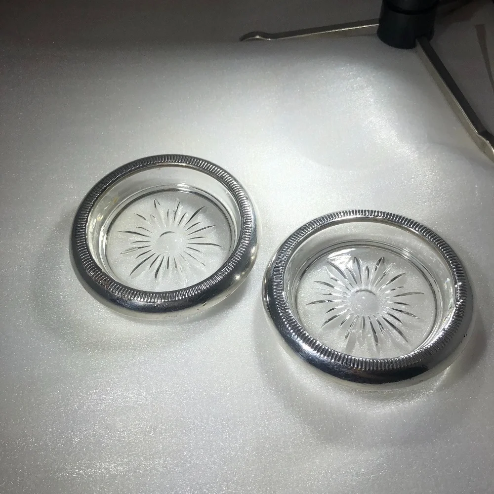 VINTAGE CROWN STERLING & CRYSTAL SUNBURST COASTERS OR ASHTRAYS - SET OF 2